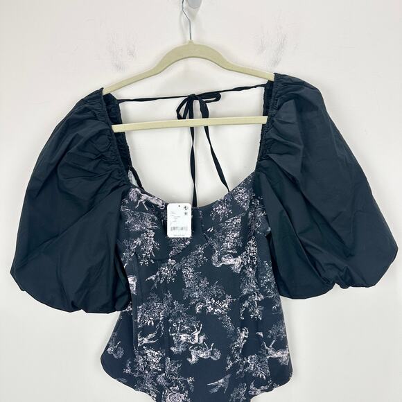 Free People Prarie Rose Puff Sleeve Bodysuit Black Coquette Romantic Large NWT - Picture 7 of 13